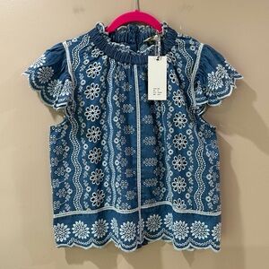 NWT Jennifer & Grace Eyelet Flutter Sleeve Cotton Top Blue Feminine Women's XS